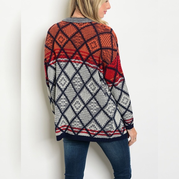 Orange red and navy knit cardigan - Picture 5 of 5